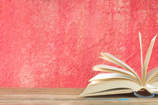 An open hardcover book lying on a table against a red wall