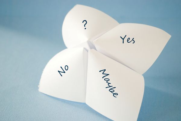 a piece of paper folded into four parts saying yes no and maybe